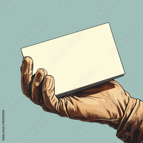 A gloved hand, with brown sleeve, presents a blank business card. , vector style simple color