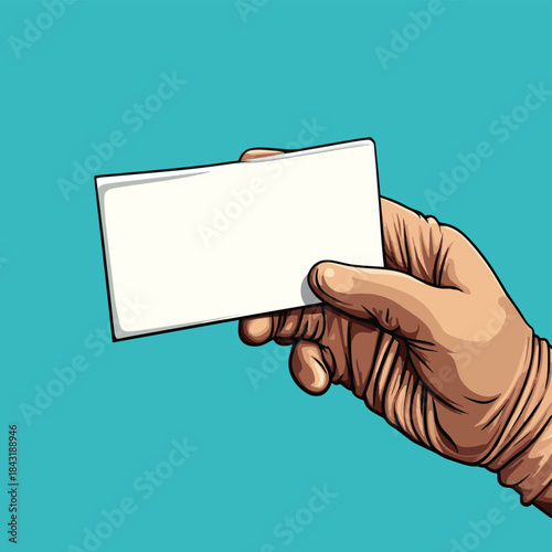 A gloved hand, with brown sleeve, presents a blank business card. , vector style simple color