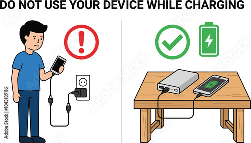 Illustration showing safety warning to avoid using mobile phone while charging, with correct safe charging method using power bank on table