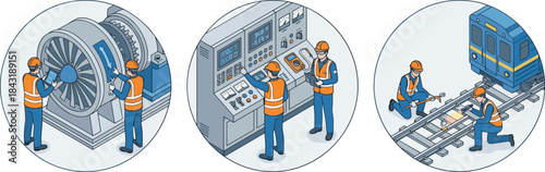 Industrial maintenance workers performing machinery inspection, control panel monitoring, and railway track repair, detailed engineering illustration showing professional safety procedures