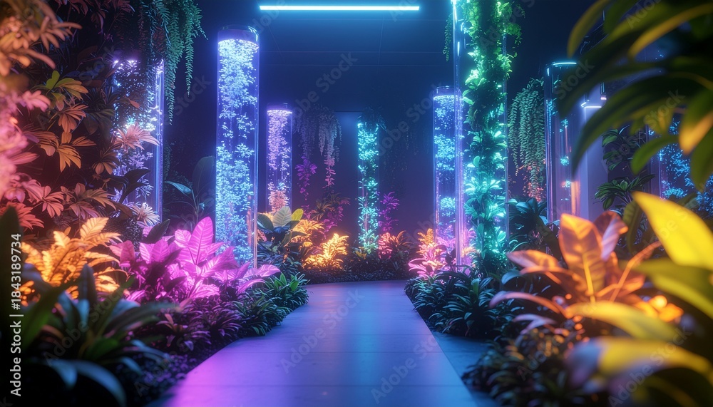 Fototapeta premium Vibrant futuristic garden with neon lights and lush greenery