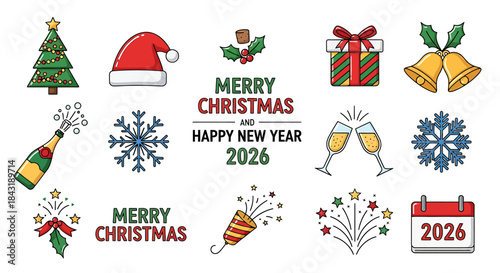 Cheerful Winter Holiday Icons Set Christmas Trees, Gifts, and New Year Festive Symbols 2026