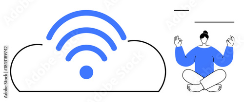 Technology, mindfulness, online connection, relaxation, digital balance, global network. Blue wireless signal in a cloud shape next to a meditating person in a calm sit. Technology and mindfulness