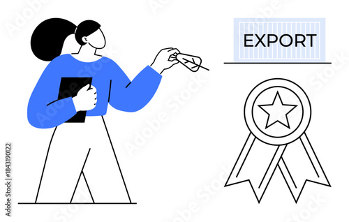 Export operations, shipping logistics, global trade, quality certification, supply chain, professional tasks. Woman holding a clipboard, shipping label and ribbon design. Export operations