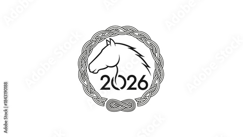Equine Symbol of Time: A monochromatic depiction of a horse's head within a decorative border, interwoven with the year 2026, offering a timeless aesthetic.