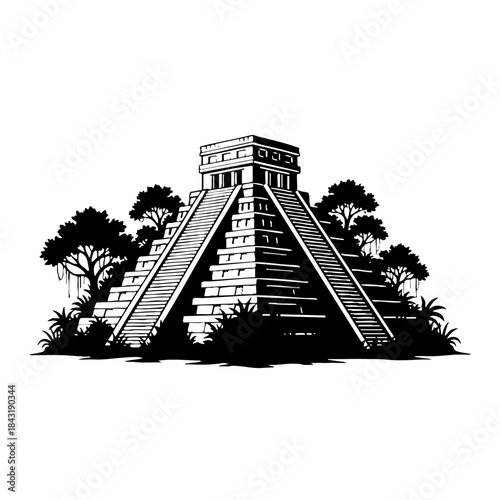 Ancient Mayan Temple Pyramid Illustration in Jungle Engraving.
