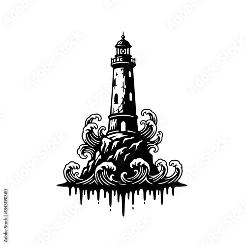 Engraving style lighthouse vector illustration on dramatic waves