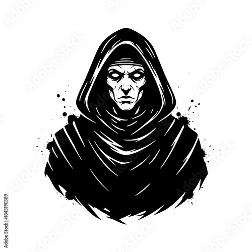 Sinister hooded figure in black cloak isolated illustration