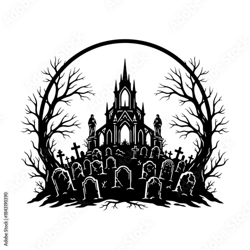 Vector illustration of horror cemetery and gothic chapel