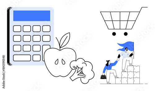 Budgeting, grocery planning, healthy eating, retail consumption, financial management, teamwork. Calculator, fruits vegetables and shopping cart. Budgeting and healthy eating concept