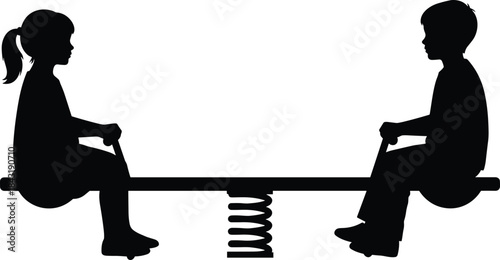Black Silhouette of Two Children Playing on a Seesaw, Boy and Girl on a Spring Teeter-Totter, Fun, Playtime, and Childhood Vector Graphic.