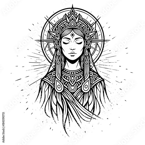 Mystical Goddess Portrait Ornate Detailed Line Art Illustration