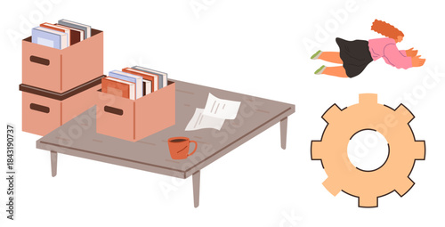 Office desk featuring file boxes, loose documents, coffee mug, gear icon, and a flying woman figure. Ideal for organization, productivity, teamwork, automation workflow creativity innovation