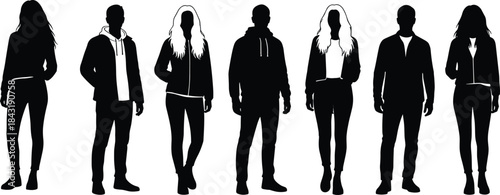Black Silhouettes of Diverse Young Adults in Casual Fashion, Jackets, Hoodies, and Jeans, Urban Lifestyle Group Standing Vector Set.