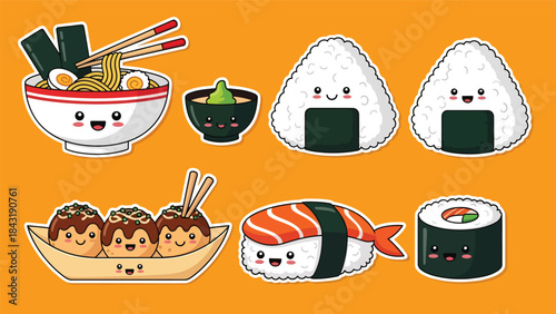 Kawaii Japanese food sticker collection featuring ramen, sushi, onigiri, and takoyaki in modern flat vector style, perfect for cute culinary graphics, ideal for Asian food content