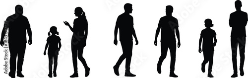 Black Silhouettes of Family Walking Together Holding Hands, Mother, Father, and Two Young Sons, Bonding, Love, and Childhood Vector Image.