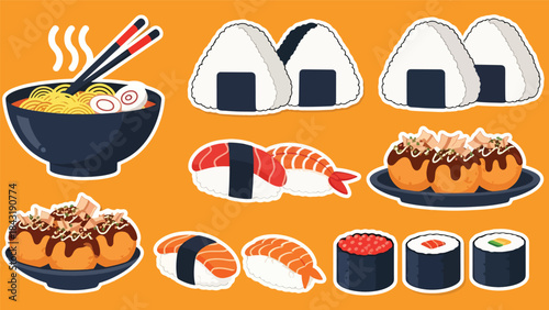Kawaii Japanese food sticker collection in modern flat vector style, perfect for cute culinary graphics, ideal for Asian food content