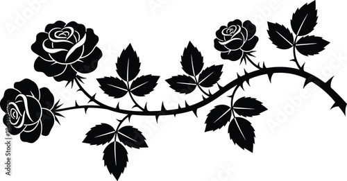 Elegant Black Rose Vine Silhouette Vector, Climbing Stem with Thorns and Leaves, Monochrome Floral Flourish Design for Tattoo, Wedding, and Decorative Graphics.