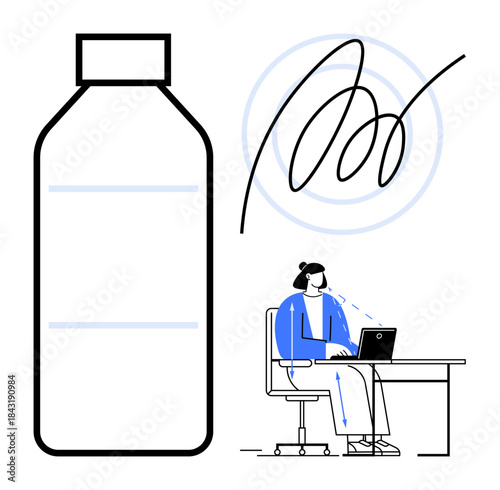 Hydration concept. Hydration supports productivity and workplace wellness. Hydration with a water bottle and focused worker. For health, productivity, fitness, corporate wellness, awareness