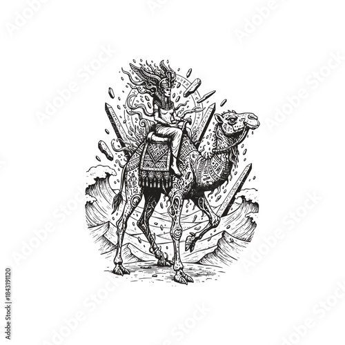Majestic Egyptian goddess riding a decorated camel through a mystical desert landscape with obelisks and waves in vintage engraving style