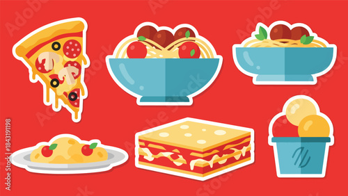 Kawaii Italian food sticker set in clean flat vector style, perfect for menu visuals and playful branding, ideal for Italian cuisine content