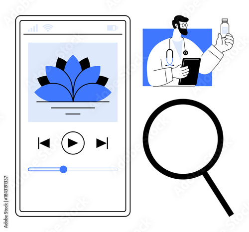 Mobile app player with lotus graphic, doctor holding a medicine vial, large magnifying glass. Ideal for health tech, wellness, telemedicine, research, mindfulness, healthcare apps consultation
