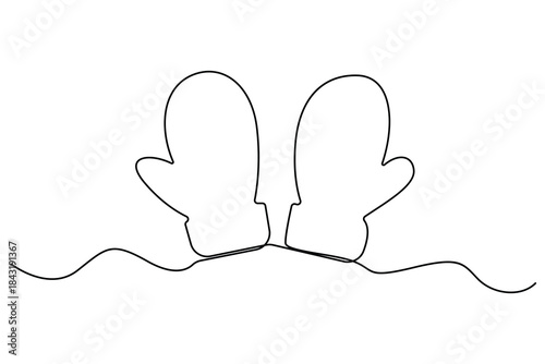 Continuous one line drawing of winter mittens minimalist outline illustration
