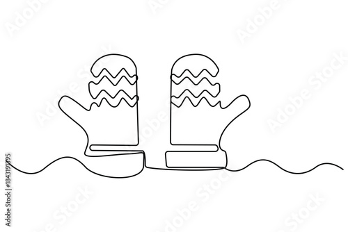Continuous one line drawing of winter mittens minimalist outline illustration

