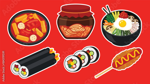 Kawaii Korean food sticker set with tteokbokki, kimchi, bibimbap, gimbap, and corn dogs, modern flat vector style, perfect for culinary visuals, ideal for Korean cuisine content