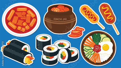 Kawaii Korean food sticker set with tteokbokki, kimchi, bibimbap, gimbap, and corn dogs, modern flat vector style, perfect for culinary visuals, ideal for Korean cuisine content