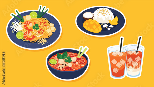 Kawaii Thai food stickers with pad thai, tom yum, mango sticky rice, and iced tea characters, modern flat vector style, perfect for culinary graphics, ideal for Thai cuisine content