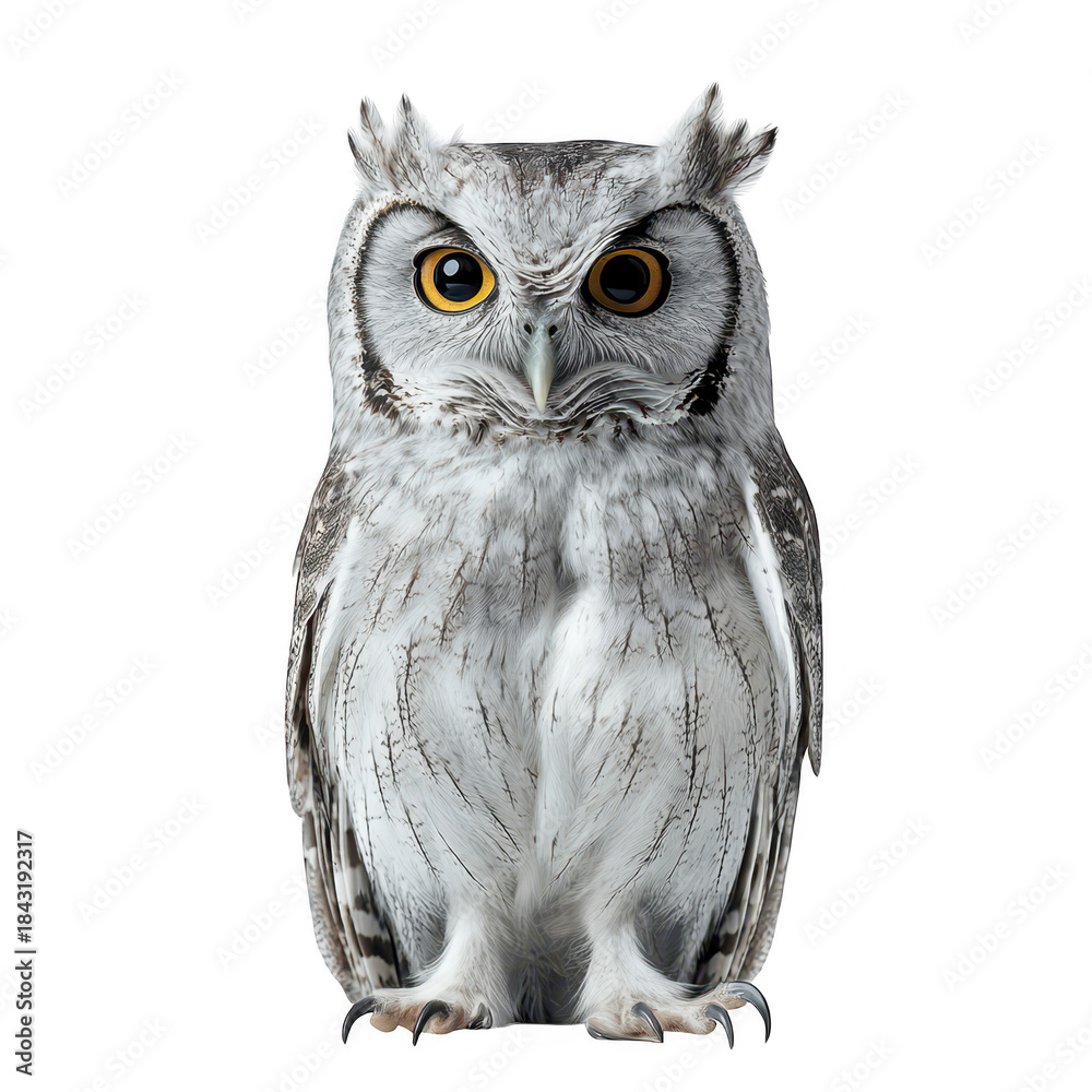 Obraz premium A majestic owl stands upright against a plain background. its striking features and eyes. symbolizing wisdom and natures beauty