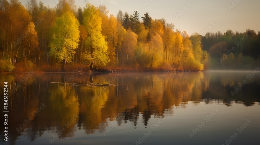 Obraz premium Tranquil Lake with Mirrored Autumn Forest Under Soft Misty Morning Light autumn landscape with lake