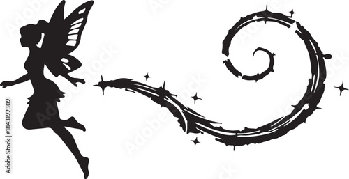 Magical Fairy Silhouette Blowing Star Dust – Fantasy Vector Illustration.