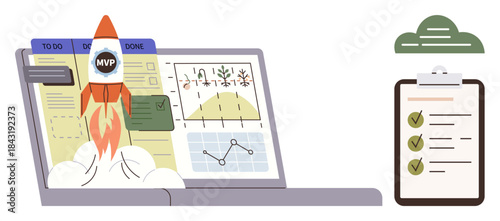 Rocket liftoff representing project launch near a laptop showing graphs and progress charts with a checklist. Ideal for teamwork, planning, productivity, goals, strategy, workflow, innovation. A