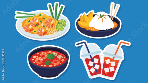 Kawaii Thai food stickers with pad thai, tom yum, mango sticky rice, and iced tea characters, modern flat vector style, perfect for culinary graphics, ideal for Thai cuisine content