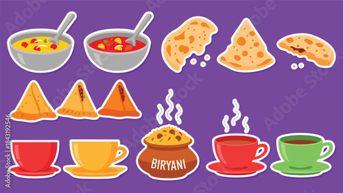 Kawaii Indian food sticker pack featuring curry, naan, samosa, biryani, and chai in clean flat vector style, perfect for menu and cultural visuals, ideal for Indian cuisine designs