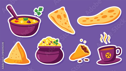 Kawaii Indian food sticker pack featuring curry, naan, samosa, biryani, and chai in clean flat vector style, perfect for menu and cultural visuals, ideal for Indian cuisine designs