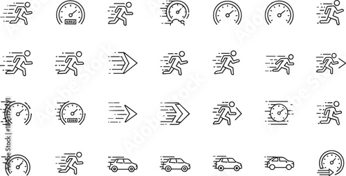 Blue Line Art Speed Velocity Motion Icons Set: Running Man, Stopwatch, Car, and Arrow Symbols Representing Fast Delivery, Quick Service, Agile Performance, Timeliness, Accelerator, and High Efficiency