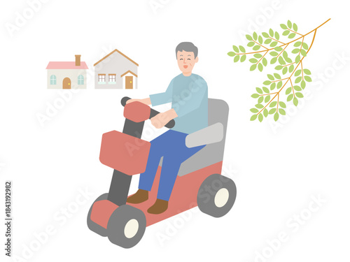 シニアカーに乗って微笑む高齢男性のイラスト