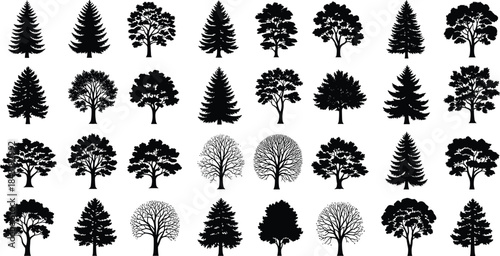 Diverse collection of black and blue vector tree silhouettes and outlines, encompassing deciduous oaks, maples, and coniferous pines, ideal for graphic design, nature, forest, and landscape projects, 