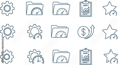 Performance Metrics and Settings Icons: Speedometer, Gears, Folders, Clipboard, Star Rating. Efficiency, Optimization, Data Analysis, Business Analytics, Success, Vector Set, Hand Drawn Style.