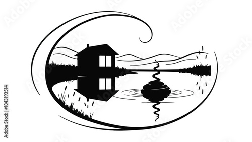 Serene lakeside cabin nestled amidst rolling hills and tranquil water.