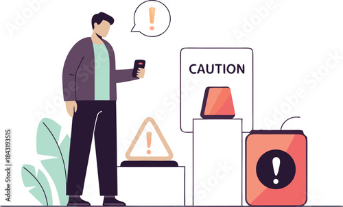 Stay alert with a modern safety illustration featuring a concerned man checking his phone near warning signs, emphasizing digital awareness and industrial safety