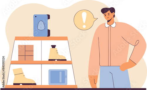 Man contemplating a purchase in a stylish store, pondering choices with an exclamation point, ideal for retail marketing and shopping promotions