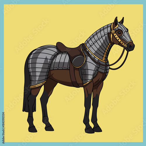 Brown horse in plate armor and saddle. Perfect for fantasy book cover, medievalthemed poster, or historical video game design.