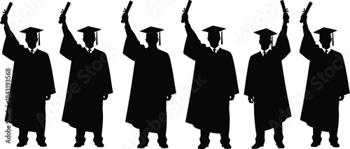 Vector Black Silhouette Graduate Students Celebrating Achievement, University College Graduation Day Diploma Scrolls and Caps, Success Education Concept Illustration