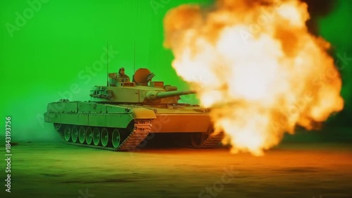 Dynamic Shot of a Tank Firing in a Controlled Explosion on a Green Screen Backdrop