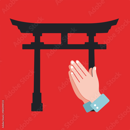 Praying hands and a japanese torii gate on red, perfect for religious and cultural designs, travel brochures, meditation concepts.