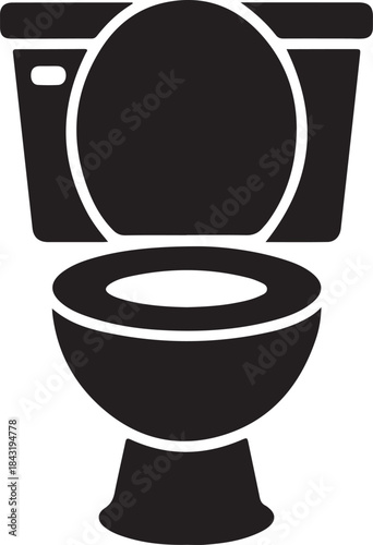 Black and white silhouette of a toilet bowl and tank with a flush lever commode lavatory